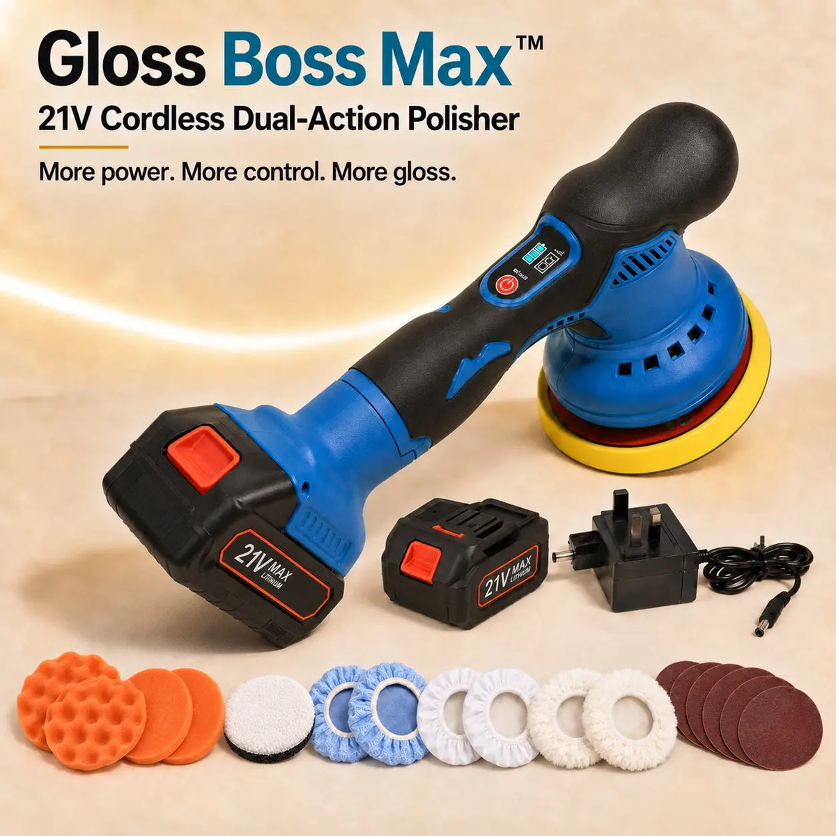 Gloss Boss Max two-battery kit with UK charger and 16 accessories: 2 flat foam pads, 2 wave foam pads, 1 wool disc, 2 blue and 2 smooth white cloth bonnets, 2 fluffy white finishing bonnets and 5 sanding discs.