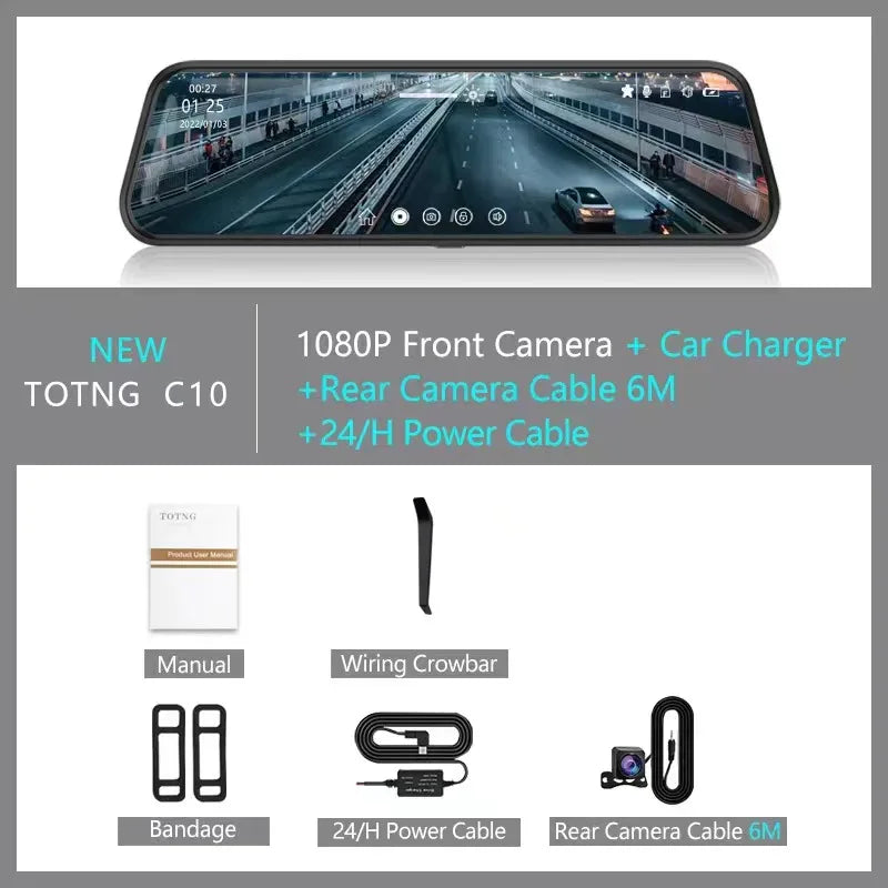 TOTNG SafeDrive 10” Touch Screen Mirror DashCam (Optional Rear Camera)