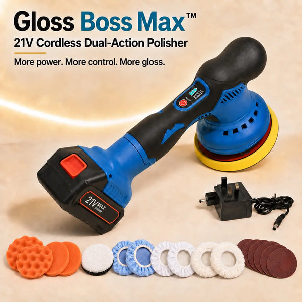 Gloss Boss Max one-battery kit with UK charger and 16 accessories: 2 flat foam pads, 2 wave foam pads, 1 wool disc, 2 blue and 2 smooth white cloth bonnets, 2 fluffy white finishing bonnets and 5 sanding discs.