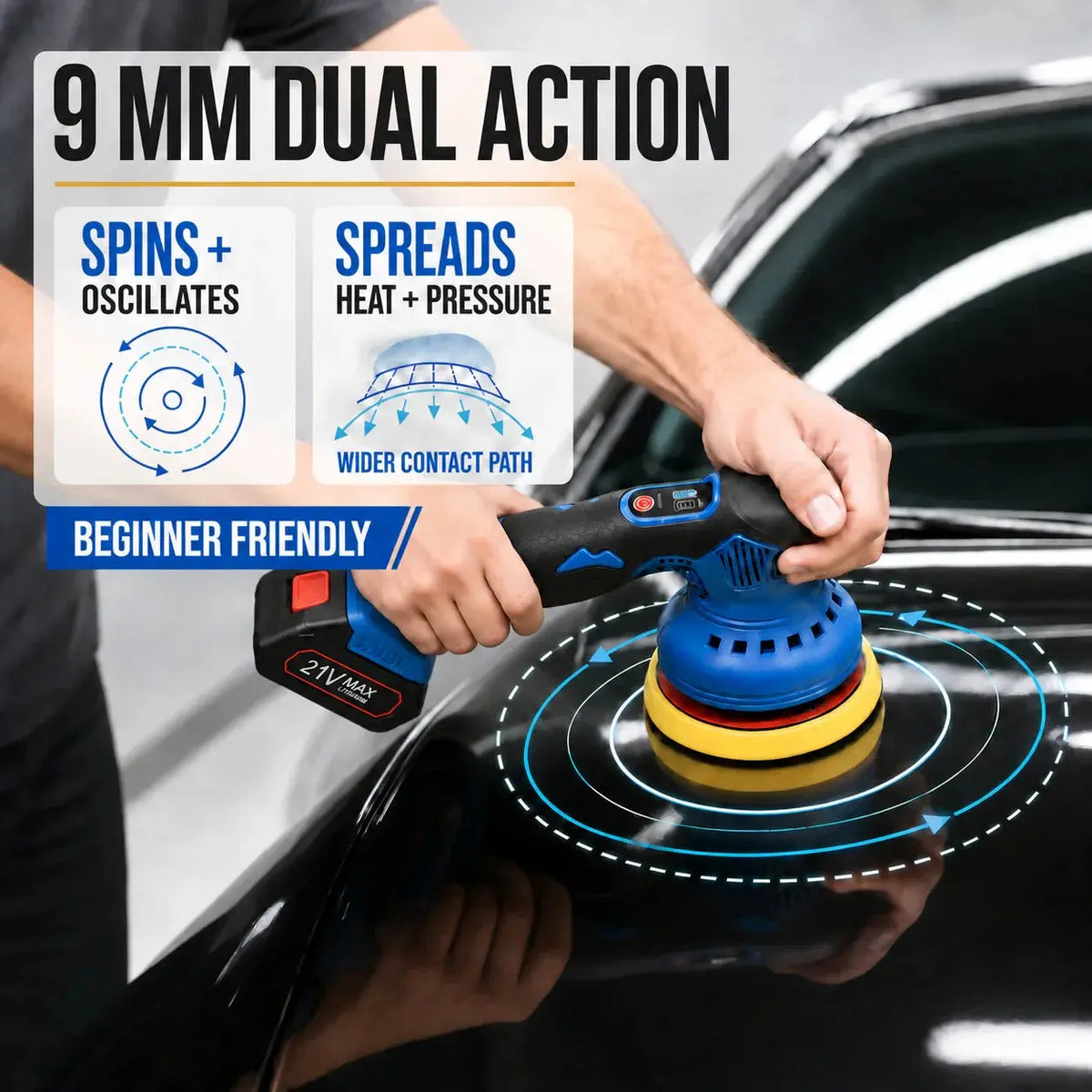 Gloss Boss Max dual-action polisher on a car panel — the pad spins and oscillates to spread heat and pressure, a beginner-friendly motion
