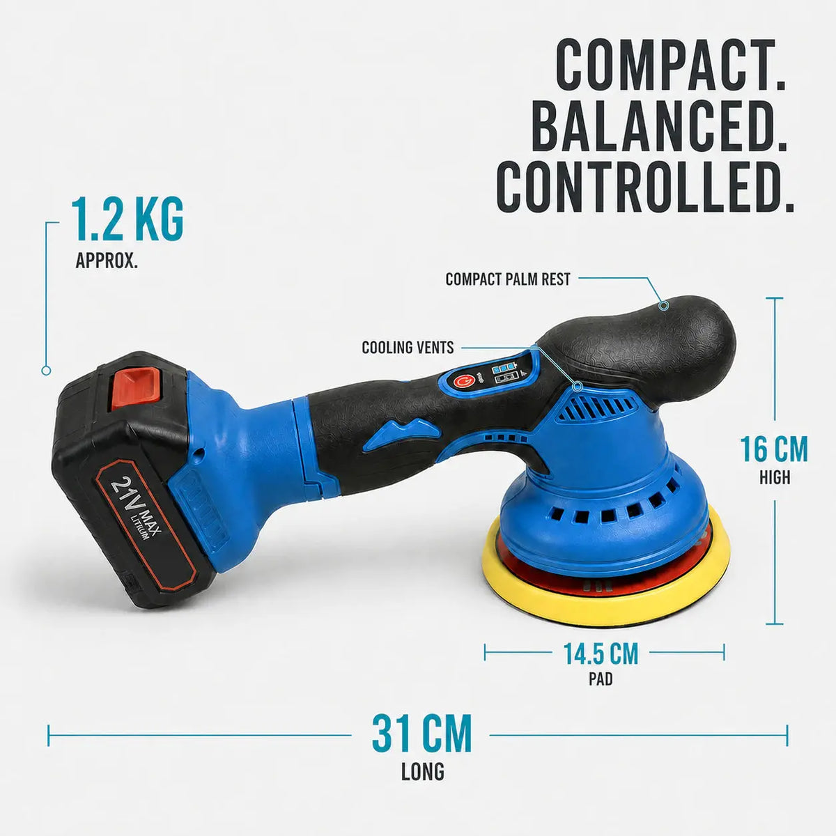 Side view of Gloss Boss Max with dimension callouts for its length, height and pad size, its approximate weight, cooling vents and compact palm rest