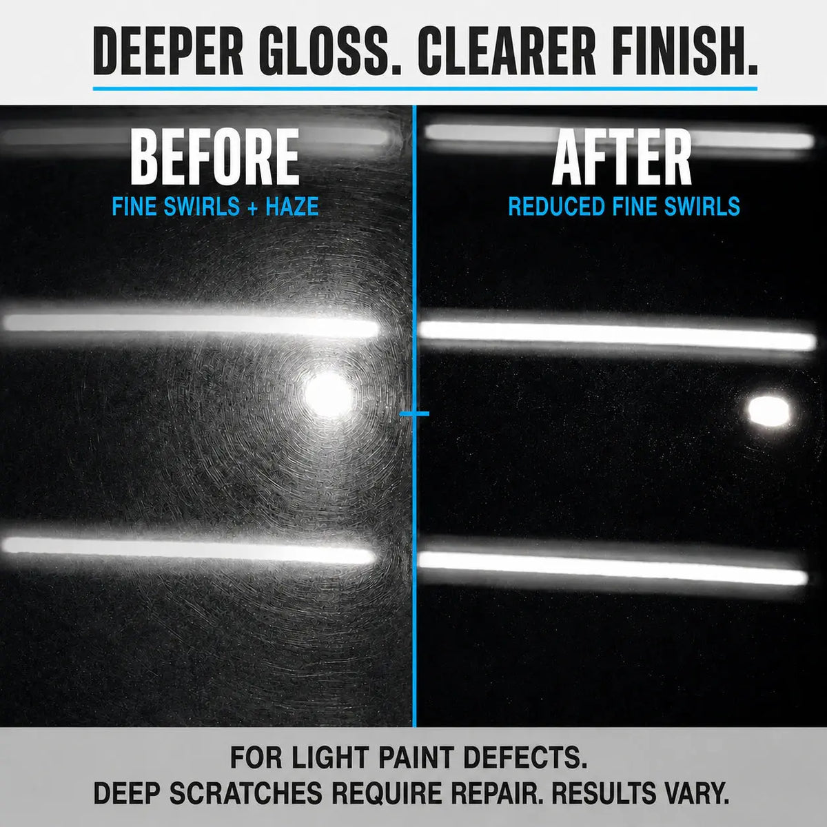 Before and after comparison of dark car paint under bright light, with fine swirls and haze visibly reduced after polishing