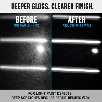 Before and after comparison of dark car paint under bright light, with fine swirls and haze visibly reduced after polishing