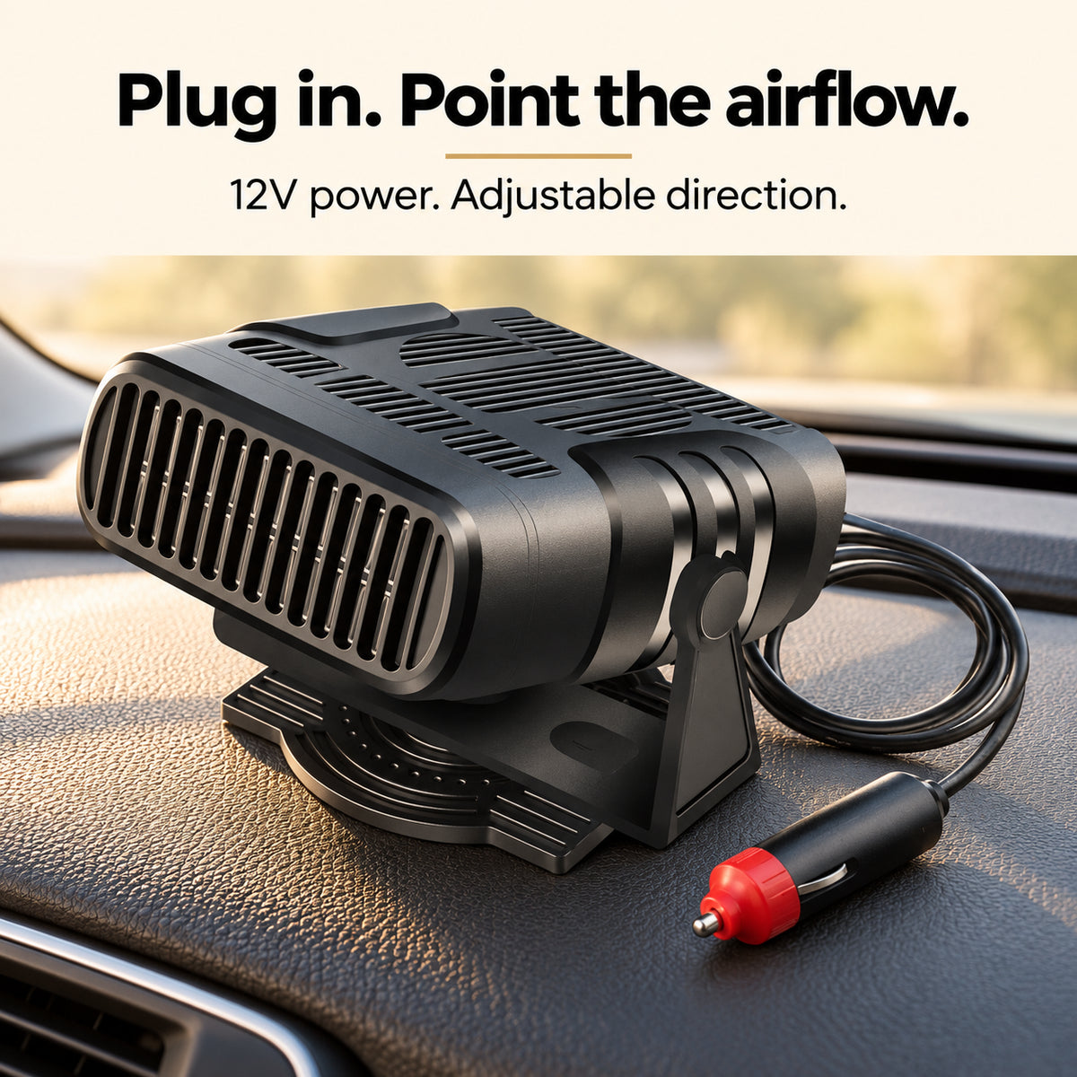 DashHeat 12V car heater with adjustable bracket and power plug on a dashboard