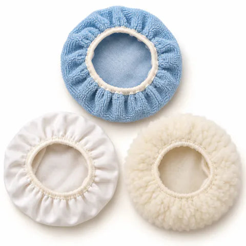 Three bonnet types supplied with Gloss Boss Max: blue cloth, smooth white cloth and fluffy white finishing. Two of each are included.