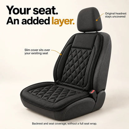 Heat Seat cover fitted over an existing front seat, leaving headrest uncovered