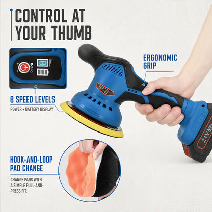 Hand gripping Gloss Boss Max, with callouts for the ergonomic grip, the eight speed levels with power and battery display, and hook-and-loop pad changes