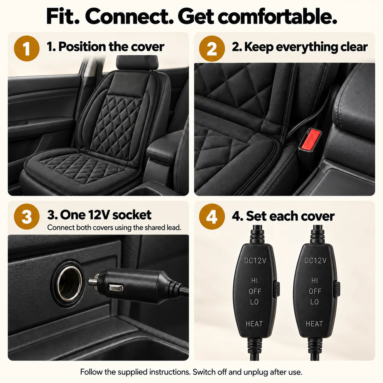 Illustrated Heat Seat installation guide: check the seat, position the cover, connect to a suitable 12V supply and choose a heat setting