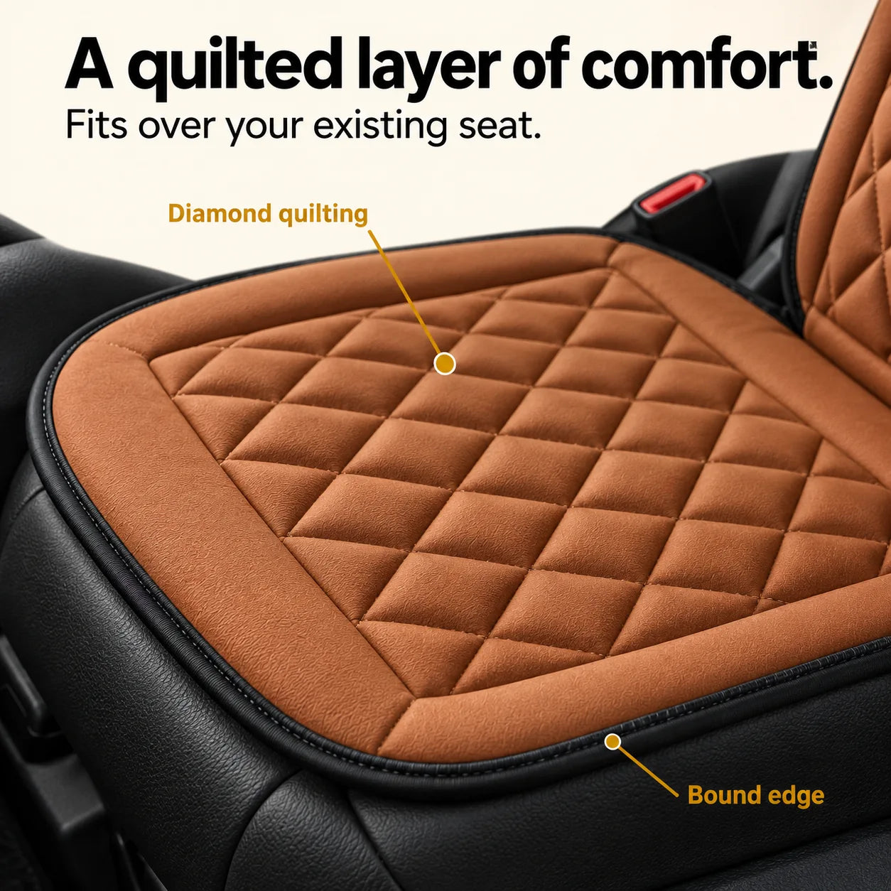 Close view of the Heat Seat diamond quilting, padded surface and bound edge